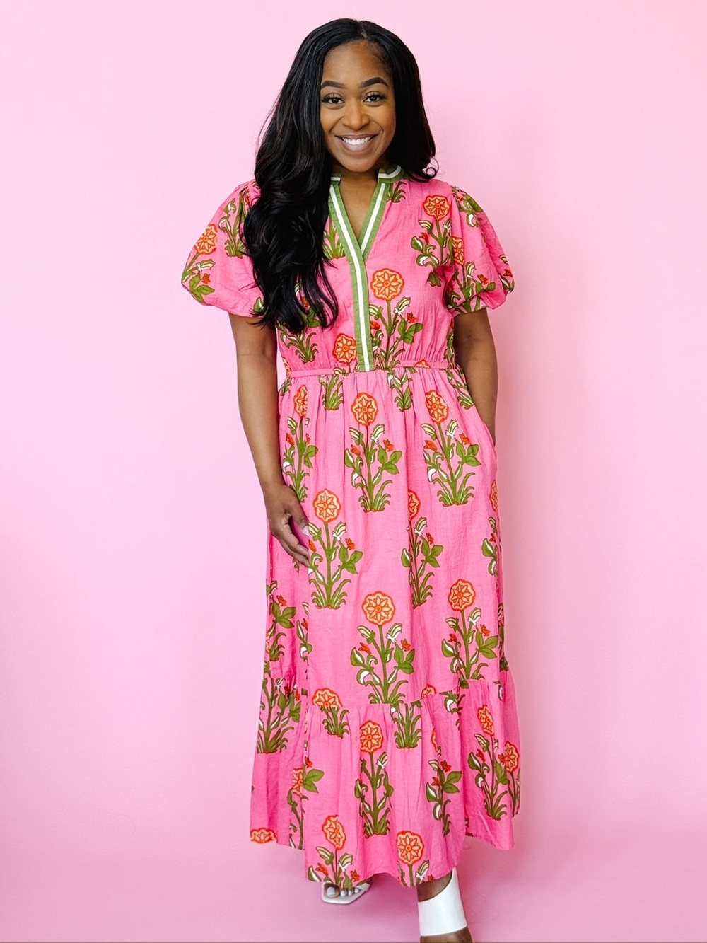 THML Emerson Dress - Hot Coral Pink Midi with Floral Print large